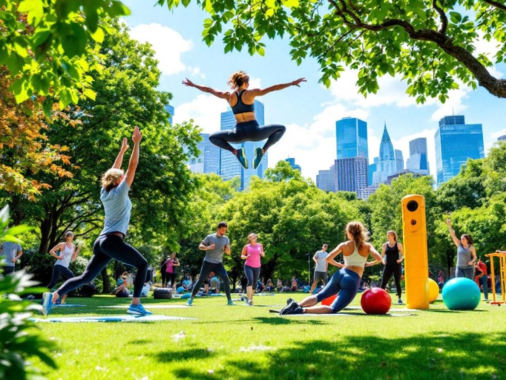 Oameni care fac exerciții în parc.