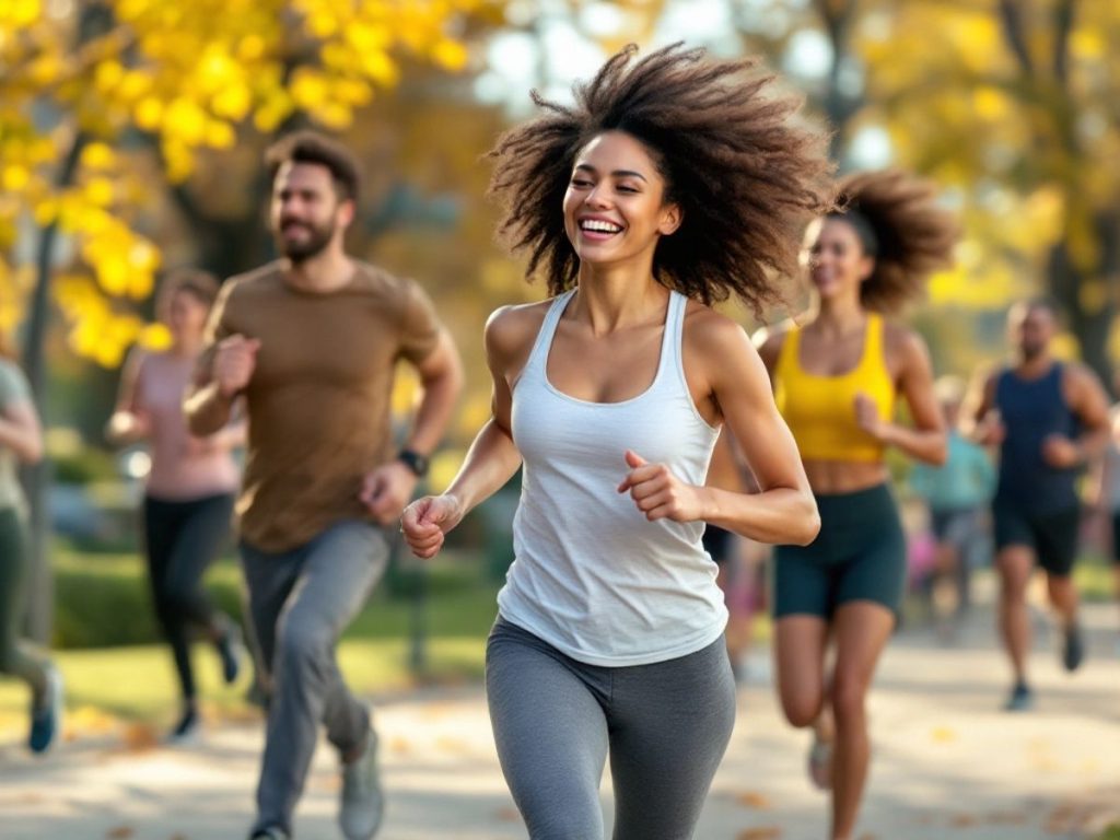 Oameni activi în parc, alergând și făcând yoga.