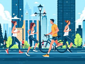 Persoane făcând exerciții în oraș.