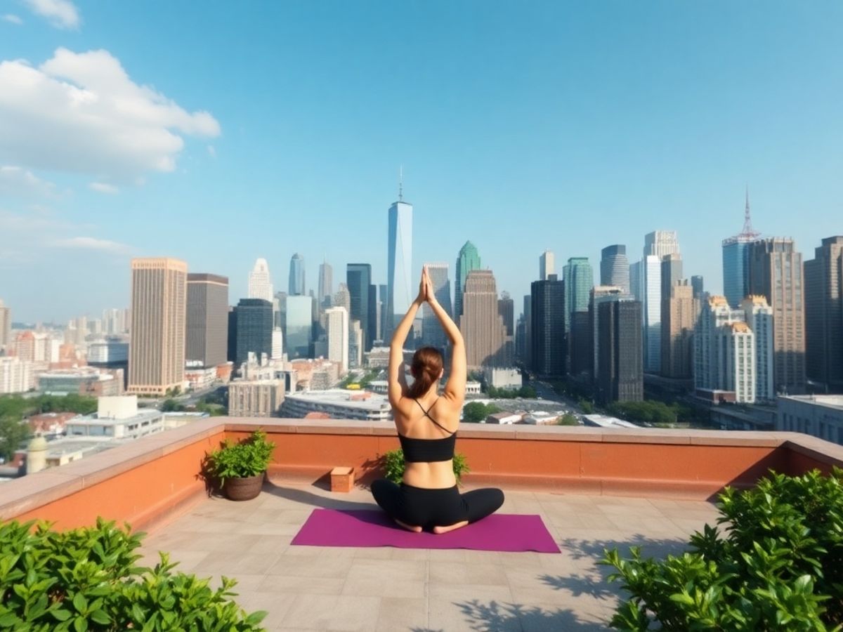 Persoană practicând yoga pe un acoperiș urban.