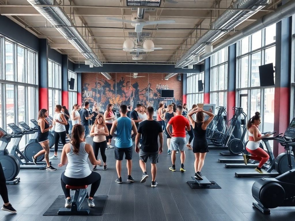 Sală de fitness modernă cu sportivi la antrenament.