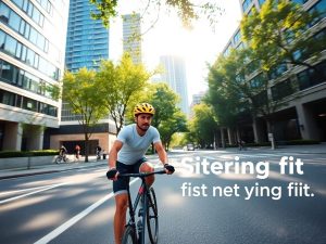 Ciclist pe străzile orașului, pedalând energic.