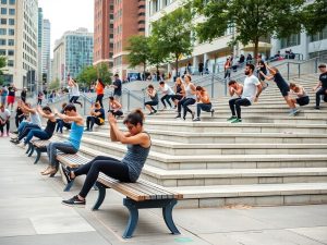 Oameni fac exerciții folosind mobilier urban.