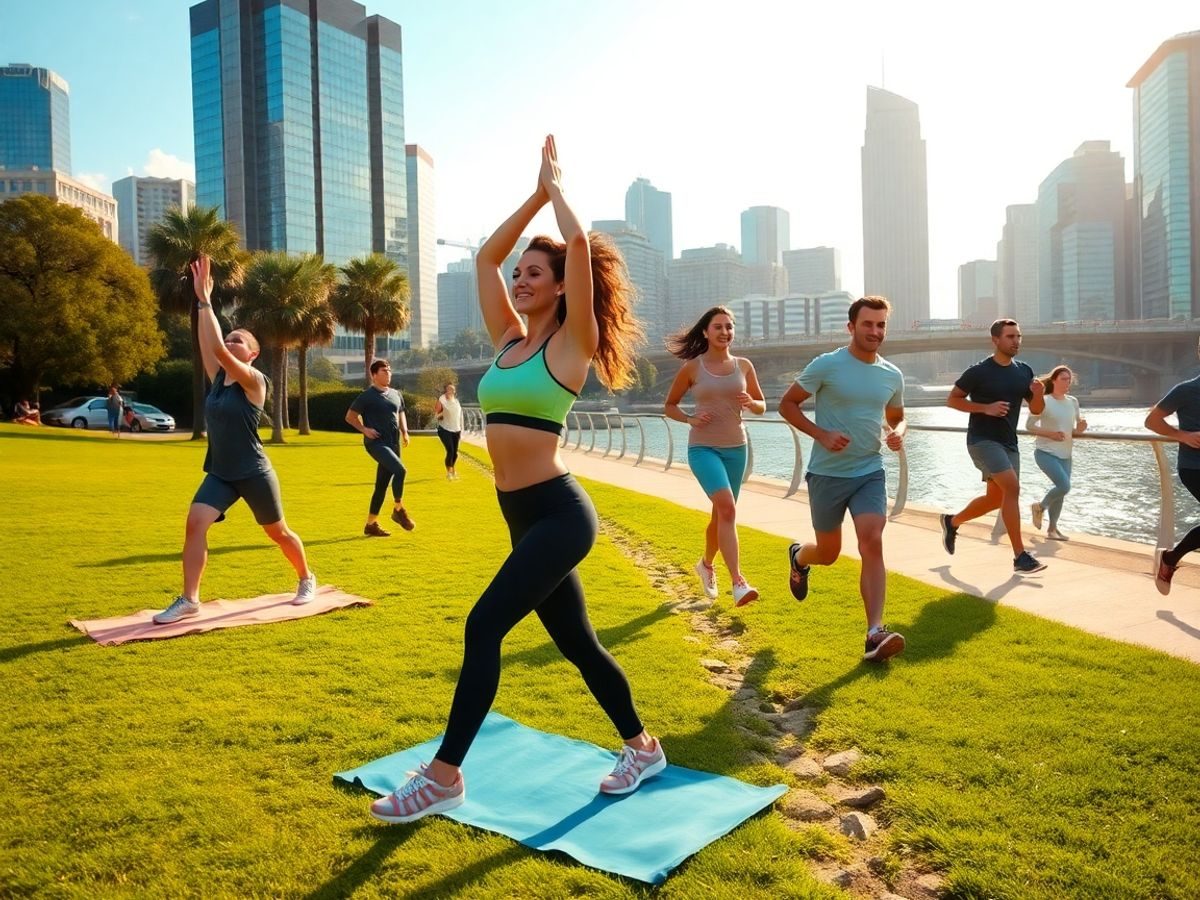 Oameni activi în oraș la yoga și alergare.