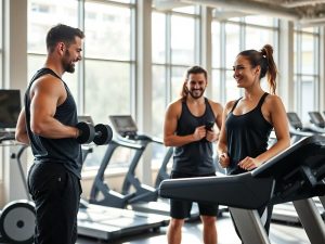 Antrenori personali: Femeie, bărbat, sală de sport, gantere, bandă de alergare, zâmbete.