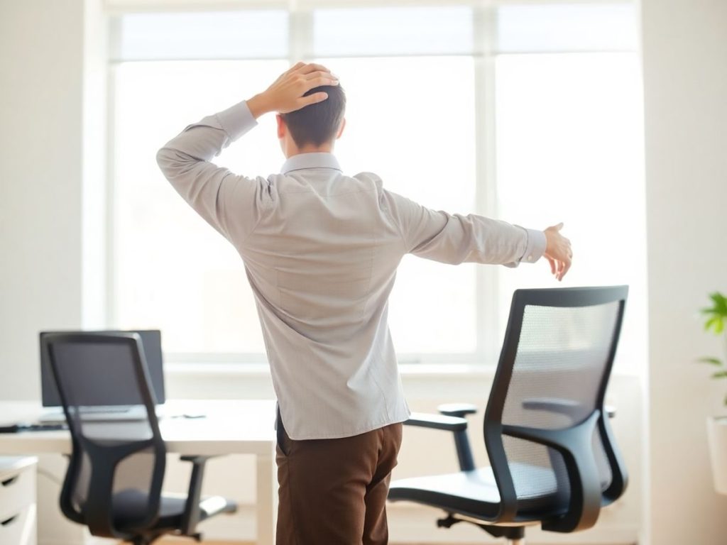 O persoană în ținută office făcând exerciții la birou.