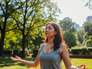 Femeie calmă meditează într-un parc urban.