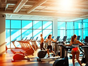 Sala de fitness moderna, echipament de ultima generatie, oameni antrenandu-se.