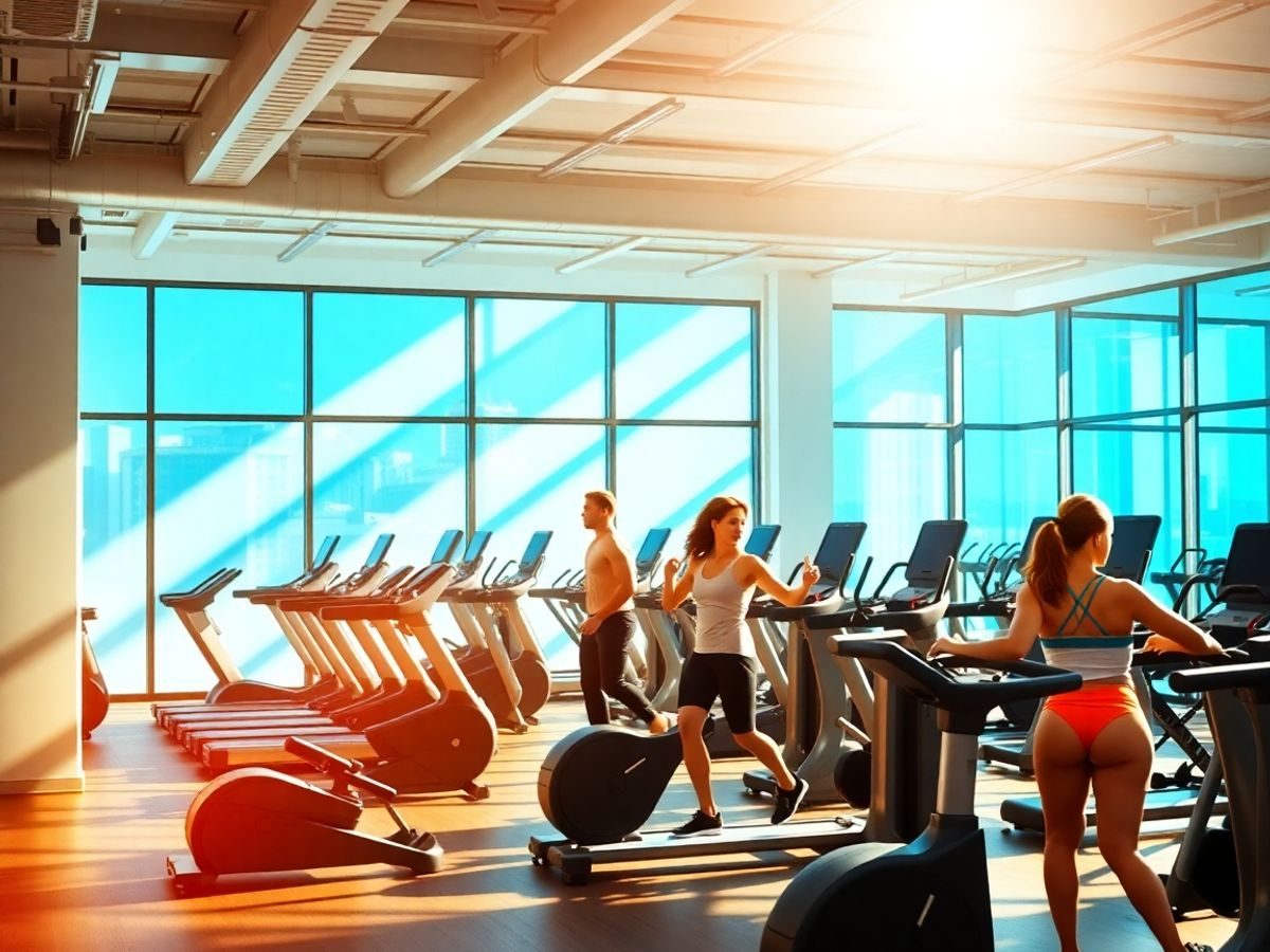 Sala de fitness moderna, echipament de ultima generatie, oameni antrenandu-se.