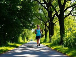 Femeie zâmbind mergând pe un drum împădurit.