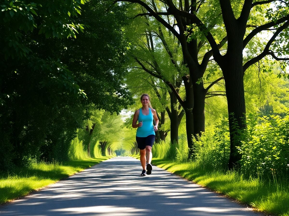 Femeie zâmbind mergând pe un drum împădurit.