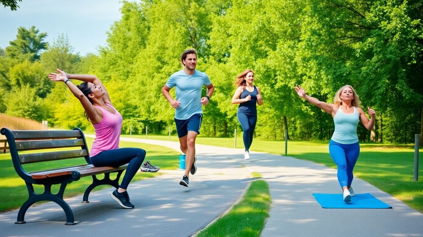Oameni făcând mișcare în natură cu aplicații de fitness.