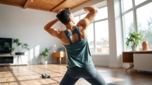 UrbanFitness 12 Exerciții pentru o postură corectă acasă într-un living luminos.
