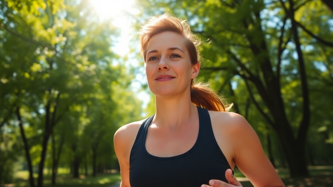Femeie alergând în parc, combătând stresul.